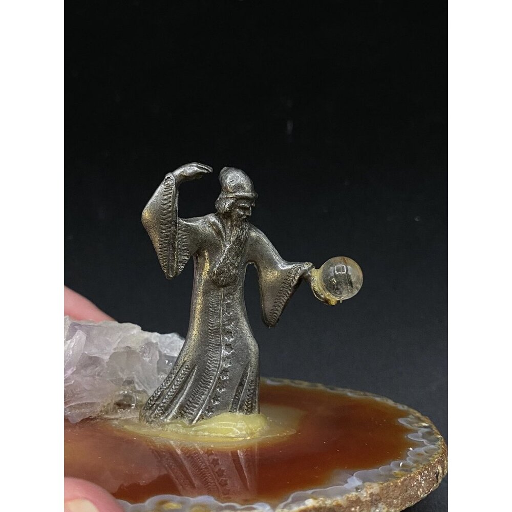 Pewter Wizard Mounted on a Sliced Geode Agate Figurine Crystal Ball - Picture 8 of 12